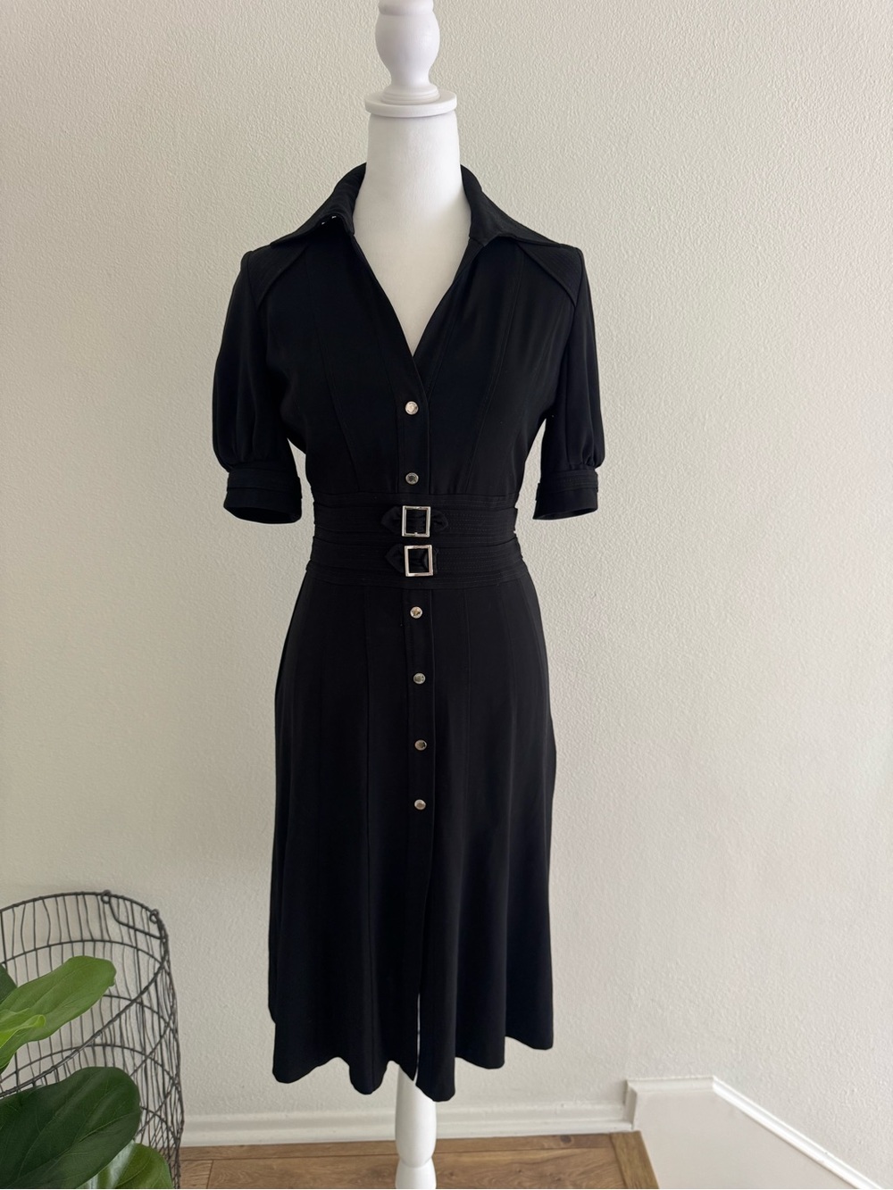 Karen Millen Black Button-Front Midi Dress with Double Buckle Waist